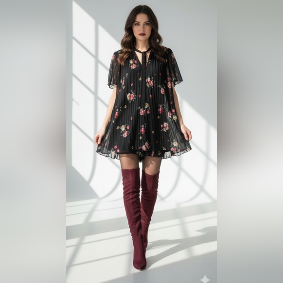 ZARA Black Floral Pleated Chiffon Romper Mini XS - Picture 2 of 8